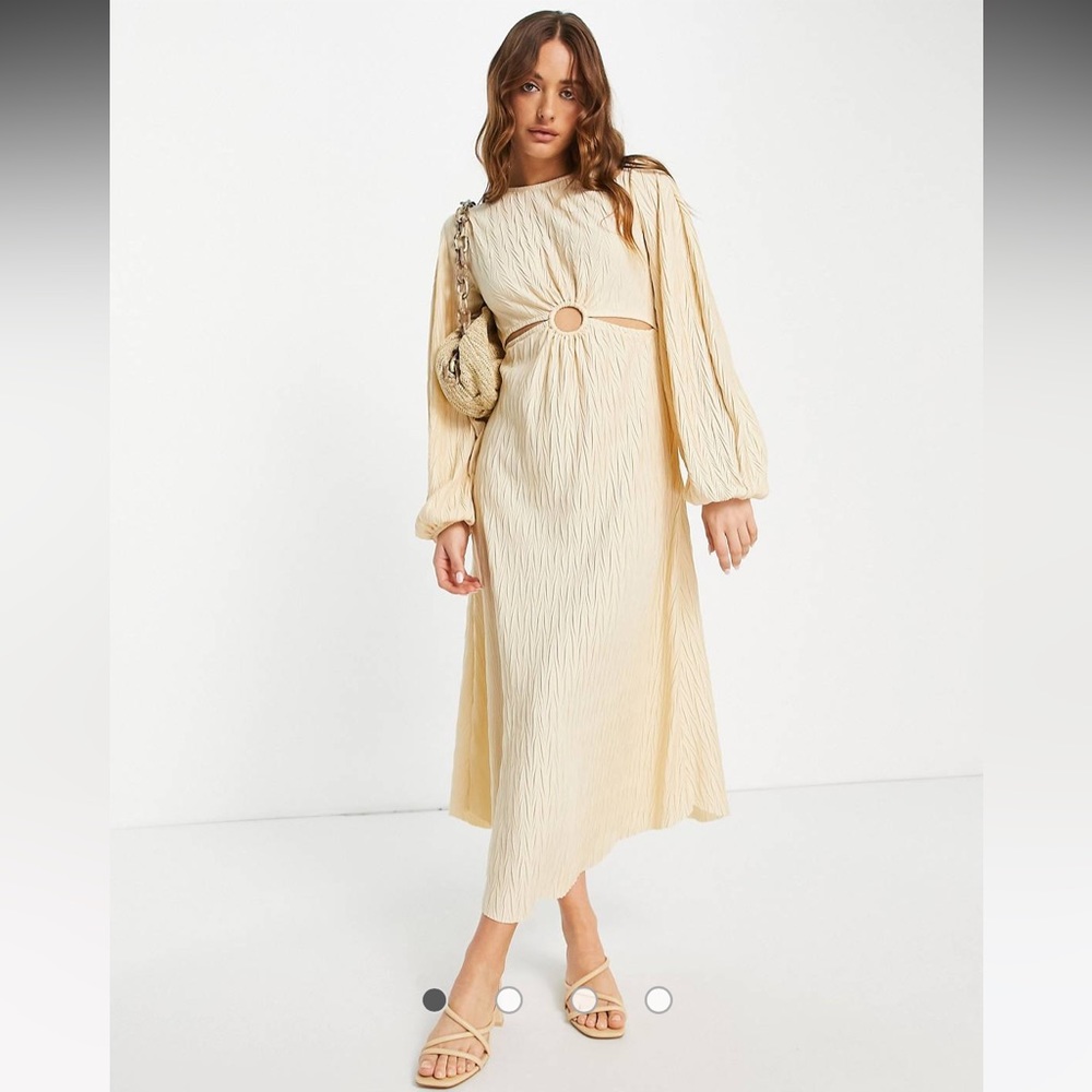 River Island cut out waist textured midi dress in cream